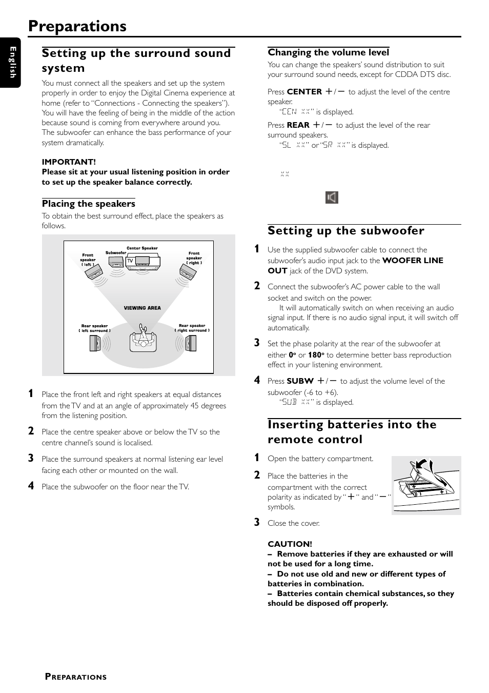 Preparations, Setting up the surround sound system, Setting up the subwoofer | Inserting batteries into the remote control | Philips LX7000SA User Manual | Page 14 / 31
