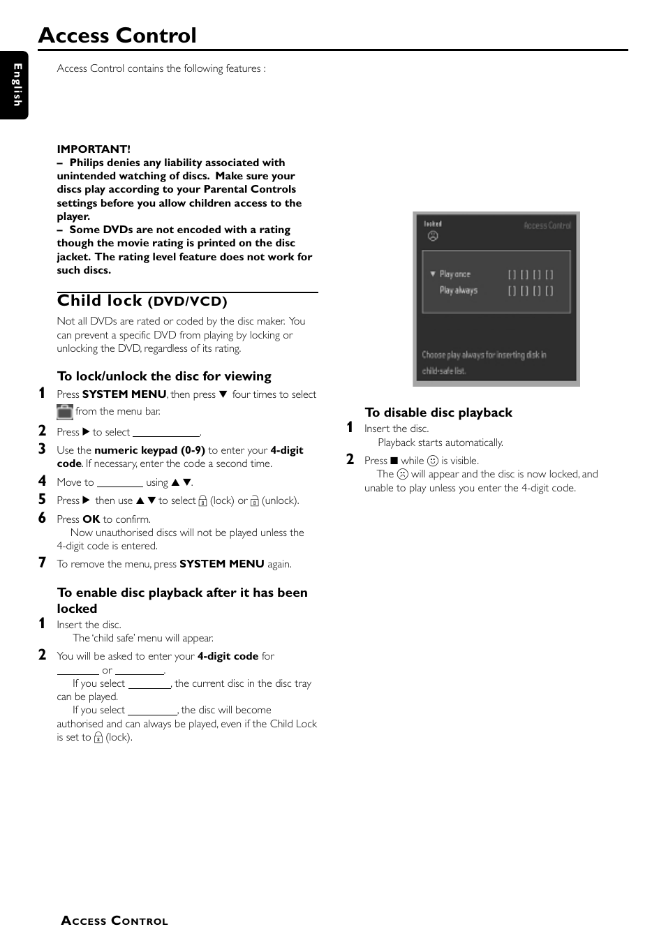 Access control, Child lock | Philips LX7000SA User Manual | Page 18 / 31