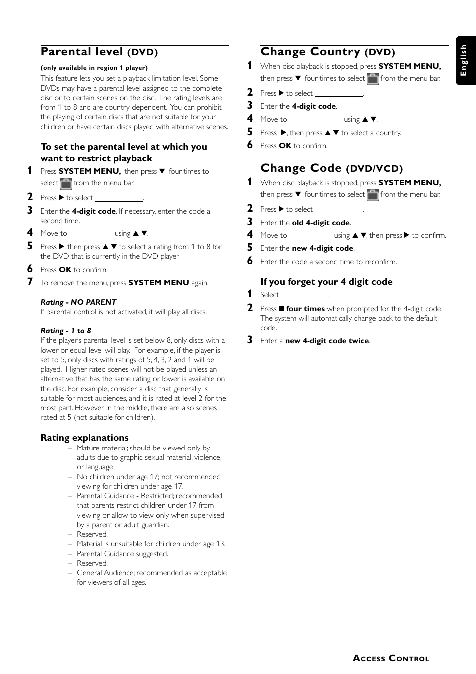 Parental level, Change country, Change code | Philips LX7000SA User Manual | Page 19 / 31