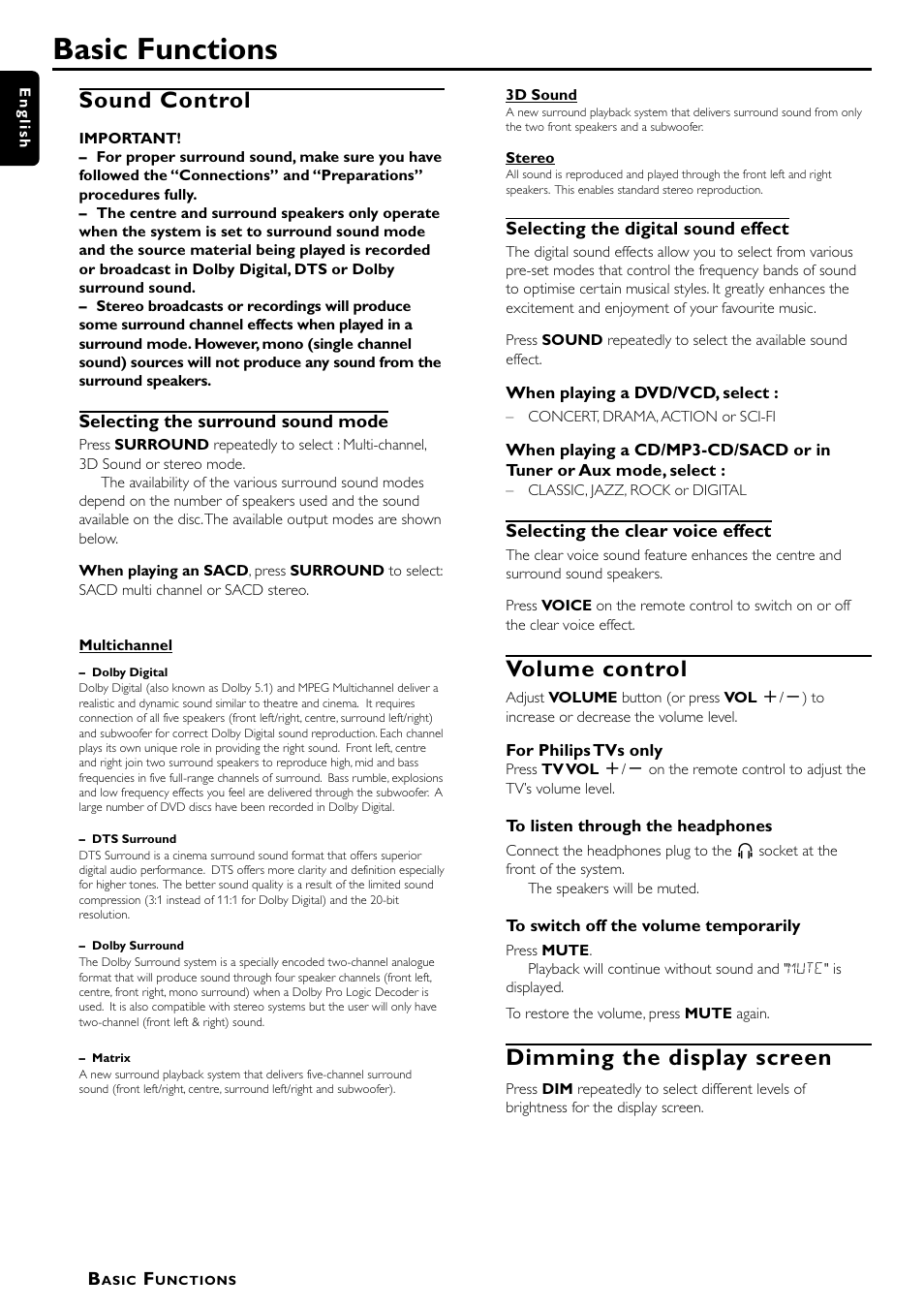 Basic functions, Sound control, Volume control | Dimming the display screen | Philips LX7000SA User Manual | Page 20 / 31