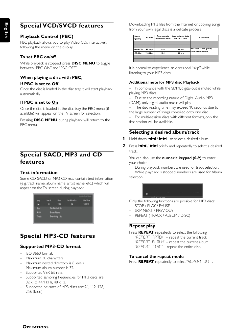 Special vcd/svcd features, Special sacd, mp3 and cd features, Special mp3-cd features | Playback control (pbc), Text information, Supported mp3-cd format, Selecting a desired album/track 1, Repeat play, When playing a disc with pbc, if pbc is set to off, If pbc is set to on | Philips LX7000SA User Manual | Page 26 / 31