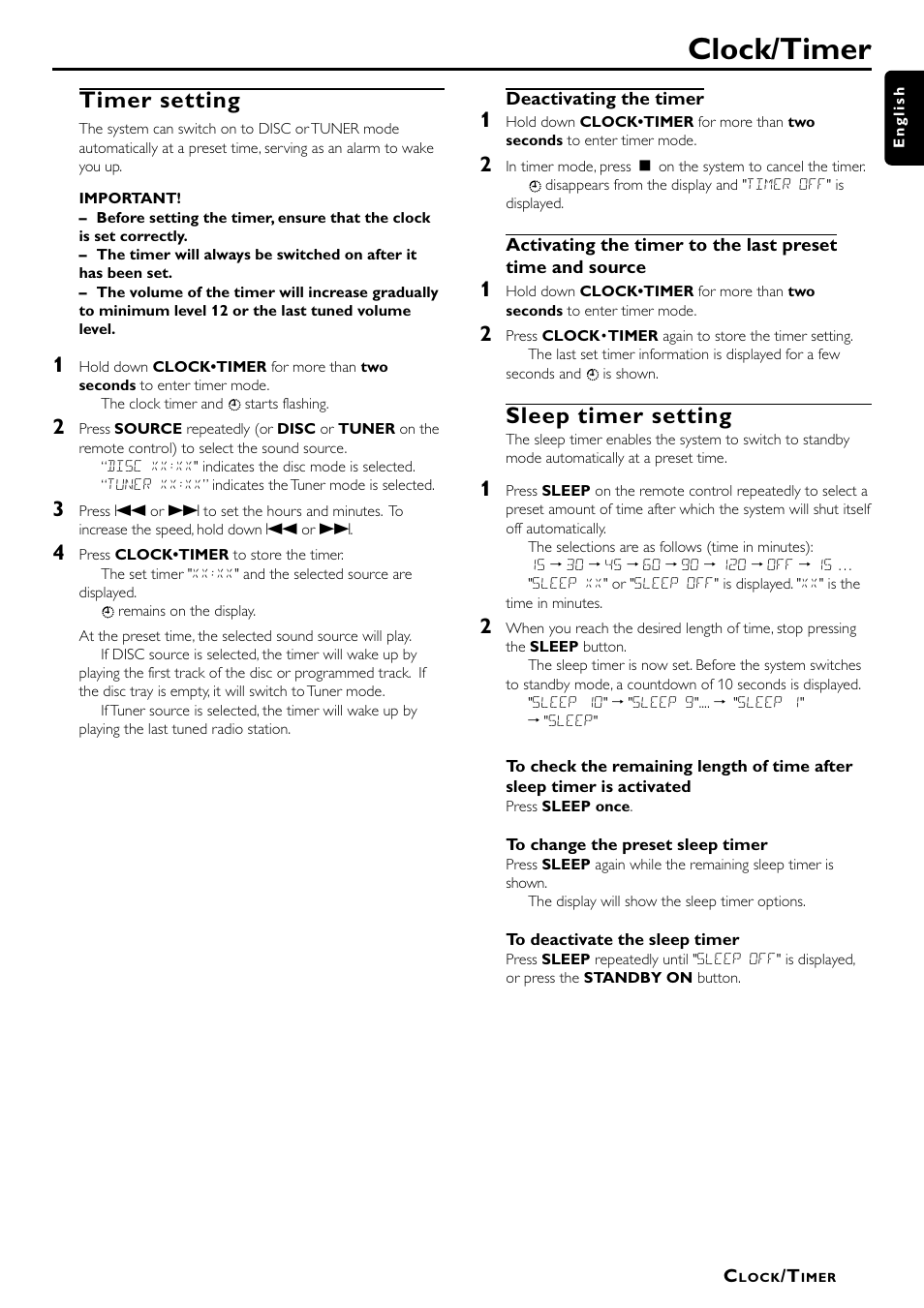Clock/timer, Timer setting, Sleep timer setting | Philips LX7000SA User Manual | Page 29 / 31
