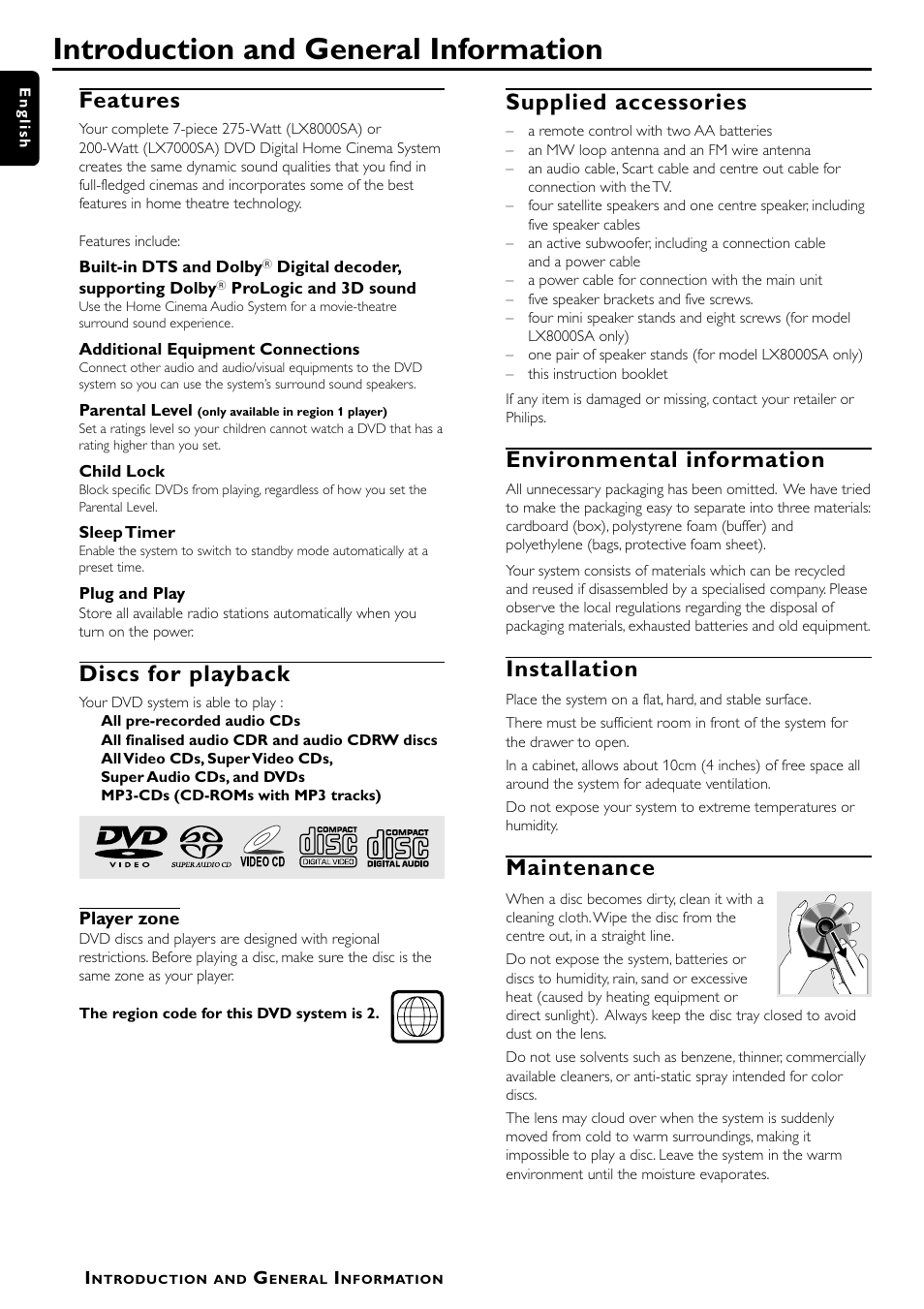 Introduction and general information, Features, Discs for playback | Supplied accessories, Environmental information, Installation, Maintenance | Philips LX7000SA User Manual | Page 8 / 31
