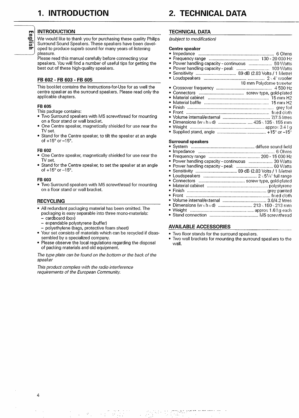 Introduction, Technical data, Fb 602 - fb 603 - fb 605 | Recycling, Available accessories, Introduction 2. technical data | Philips FB 602 User Manual | Page 4 / 8