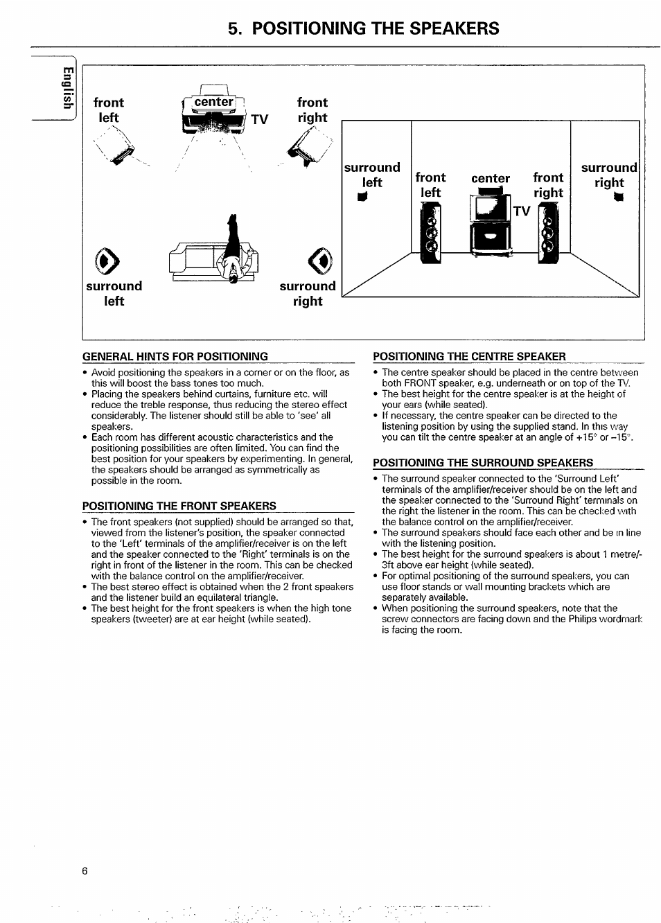 Positioning the speakers, Front left front surround left | Philips FB 602 User Manual | Page 6 / 8