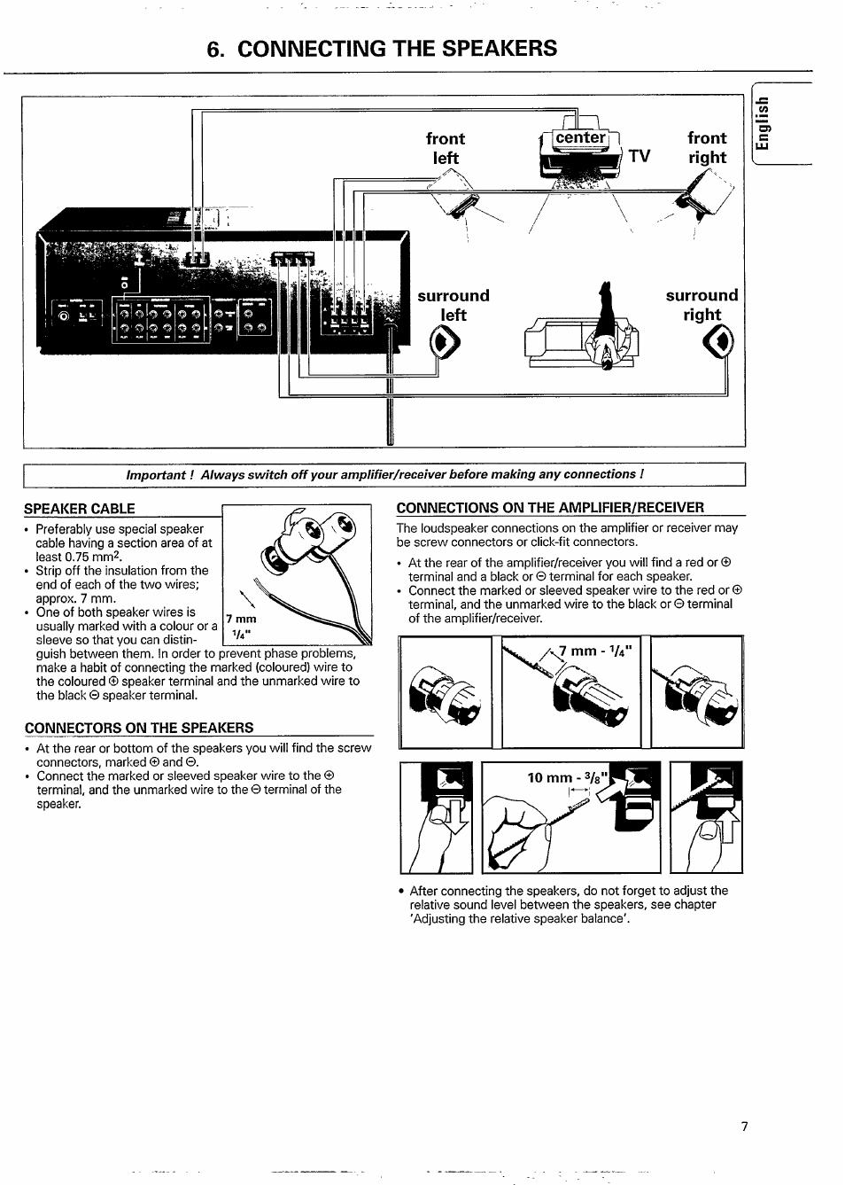 Connecting the speakers, Speaker cable, Connectors on the speakers | Connections on the amplifier/receiver, N ir | Philips FB 602 User Manual | Page 7 / 8