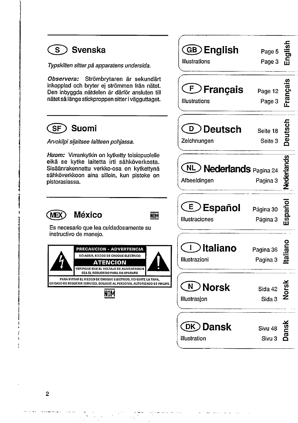 Dd svenska, Çsf^ suomi, Gb) english | Français, Dd deutsch, Cod nederlands, México, Cx^ español, Qd italiano, Ce> norsk | Philips Stereo Radio-Cassette Recorder User Manual | Page 4 / 16