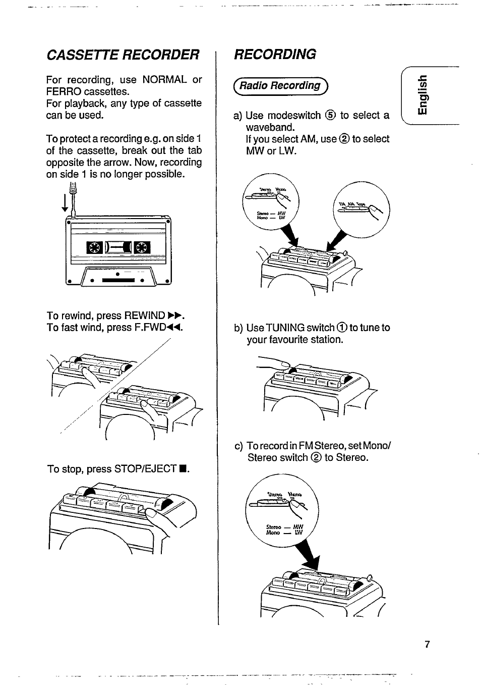 Cassette recorder, Recording | Philips Stereo Radio-Cassette Recorder User Manual | Page 7 / 16