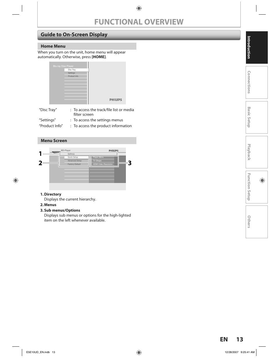 Functional overview, 13 en, Guide to on-screen display | Philips BDP7200 User Manual | Page 13 / 44