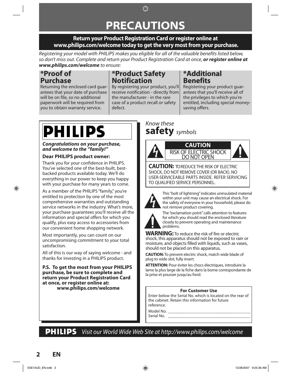 Precautions, Safety, Proof of purchase | Product safety notification, Additional benefits | Philips BDP7200 User Manual | Page 2 / 44