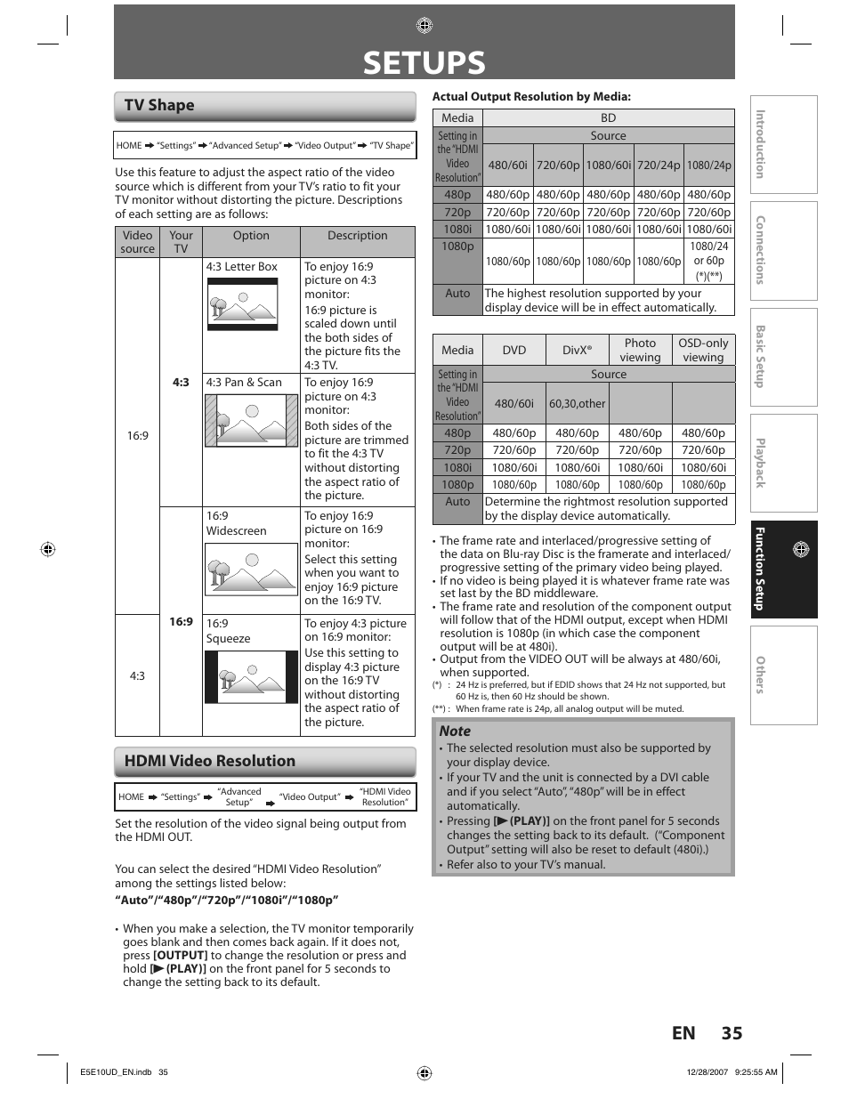 Setups, 35 en, Tv shape hdmi video resolution | Philips BDP7200 User Manual | Page 35 / 44