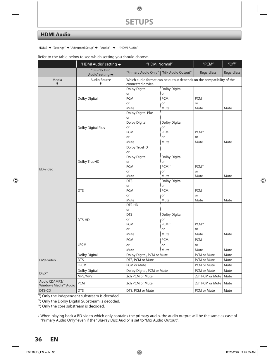 Setups, 36 en, Hdmi audio | Philips BDP7200 User Manual | Page 36 / 44