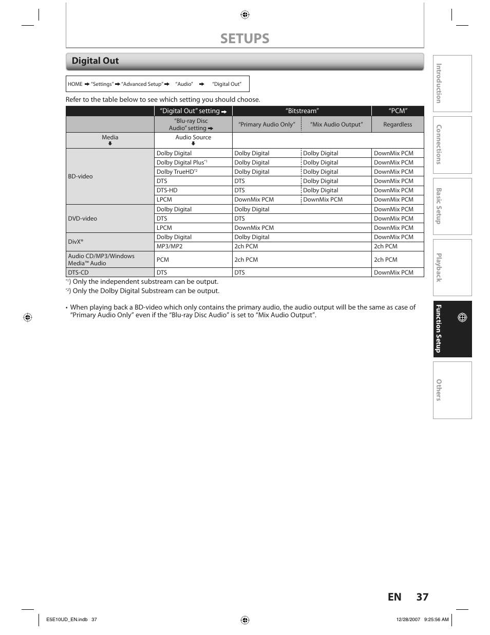 Setups, 37 en, Digital out | Philips BDP7200 User Manual | Page 37 / 44