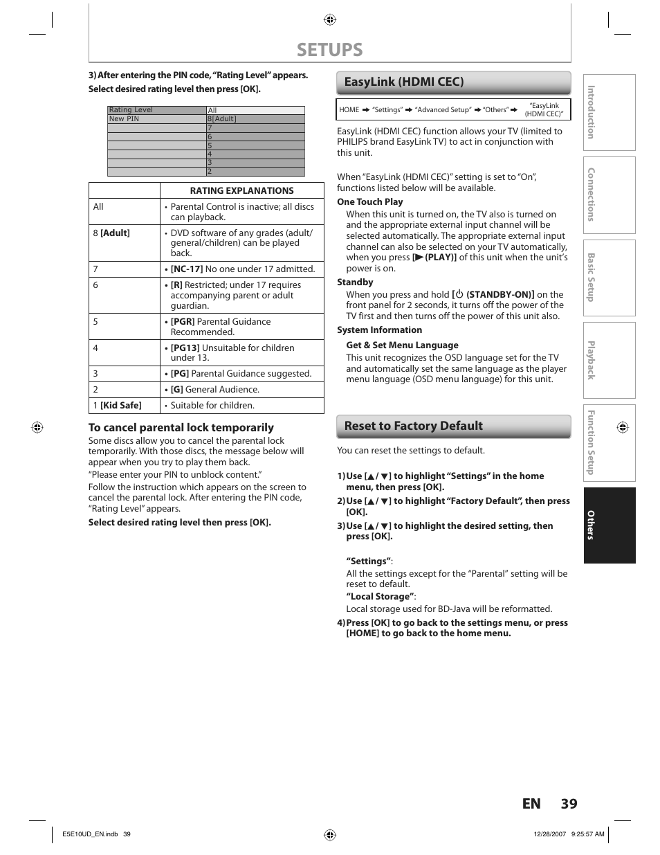 Setups, 39 en 39 en, Reset to factory default easylink (hdmi cec) | Philips BDP7200 User Manual | Page 39 / 44