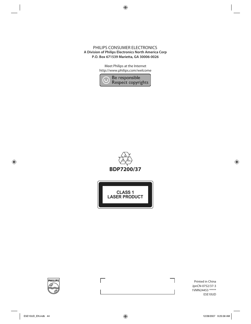 Class 1 laser product philips consumer electronics | Philips BDP7200 User Manual | Page 44 / 44