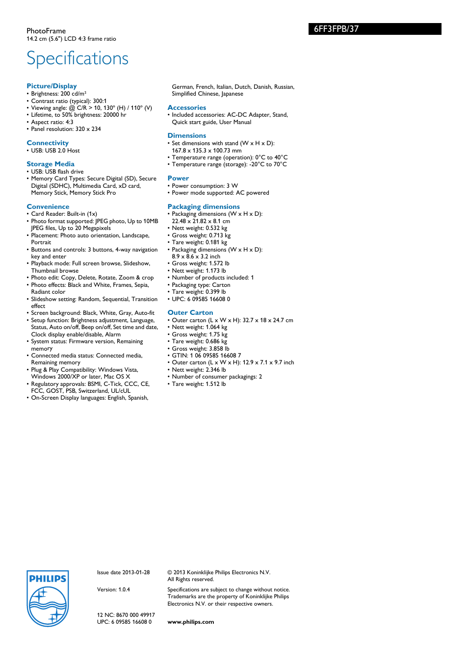 Specifications, 6ff3fpb/37 | Philips PhotoFrame 6FF3FPB User Manual | Page 3 / 3