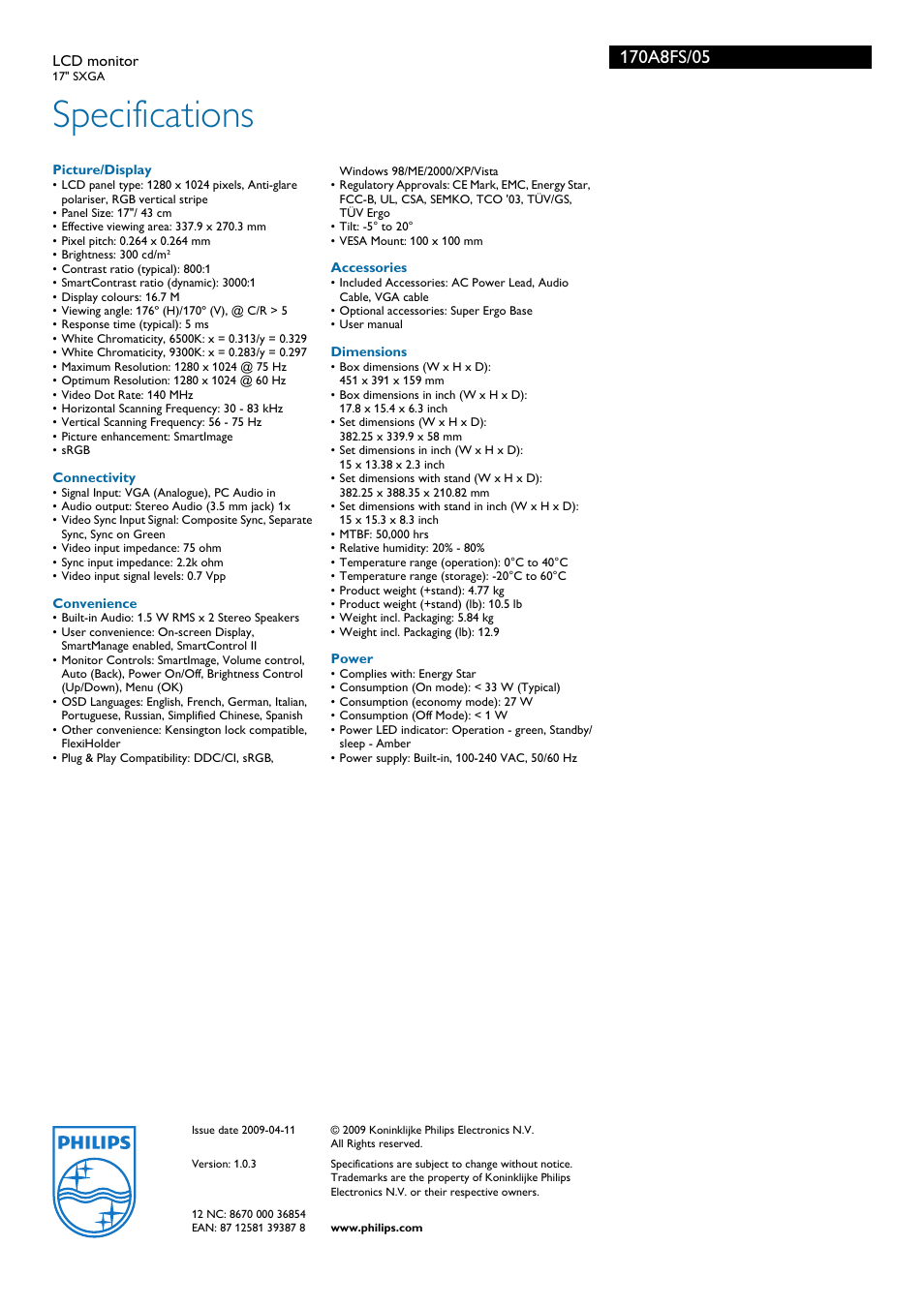 Specifications | Philips 170A8FS User Manual | Page 3 / 3