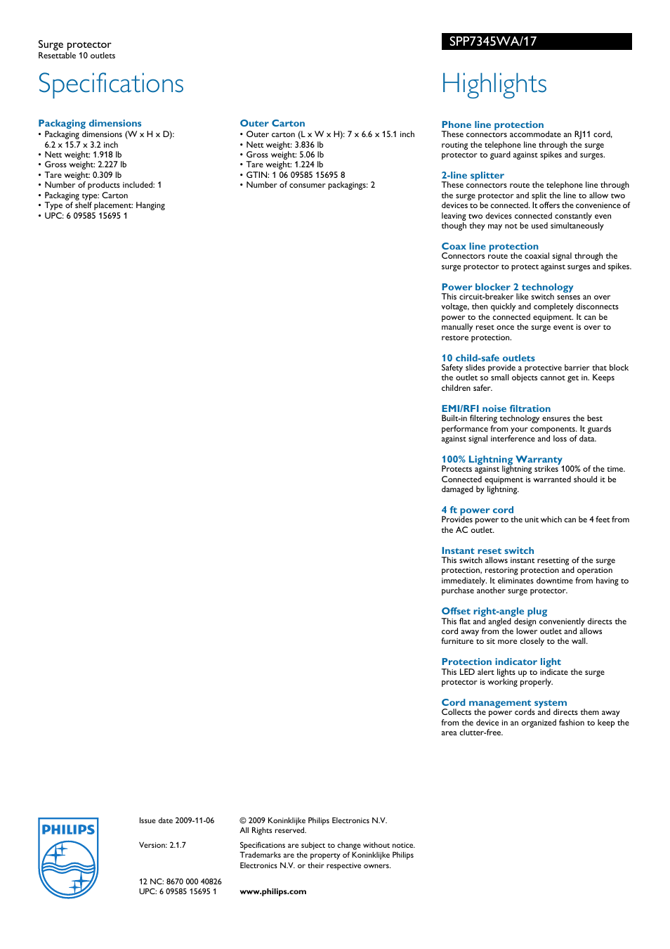 Specifications, Highlights | Philips SPP7345WA User Manual | Page 2 / 2