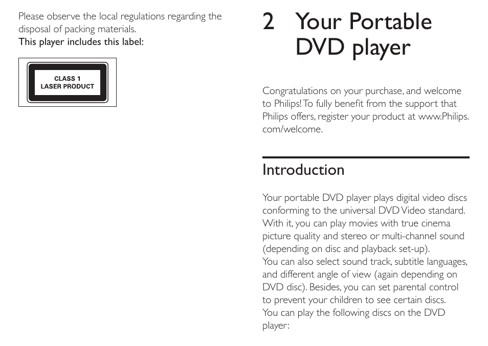 2 your portable dvd player, Introduction | Philips PET712/05 User Manual | Page 10 / 29
