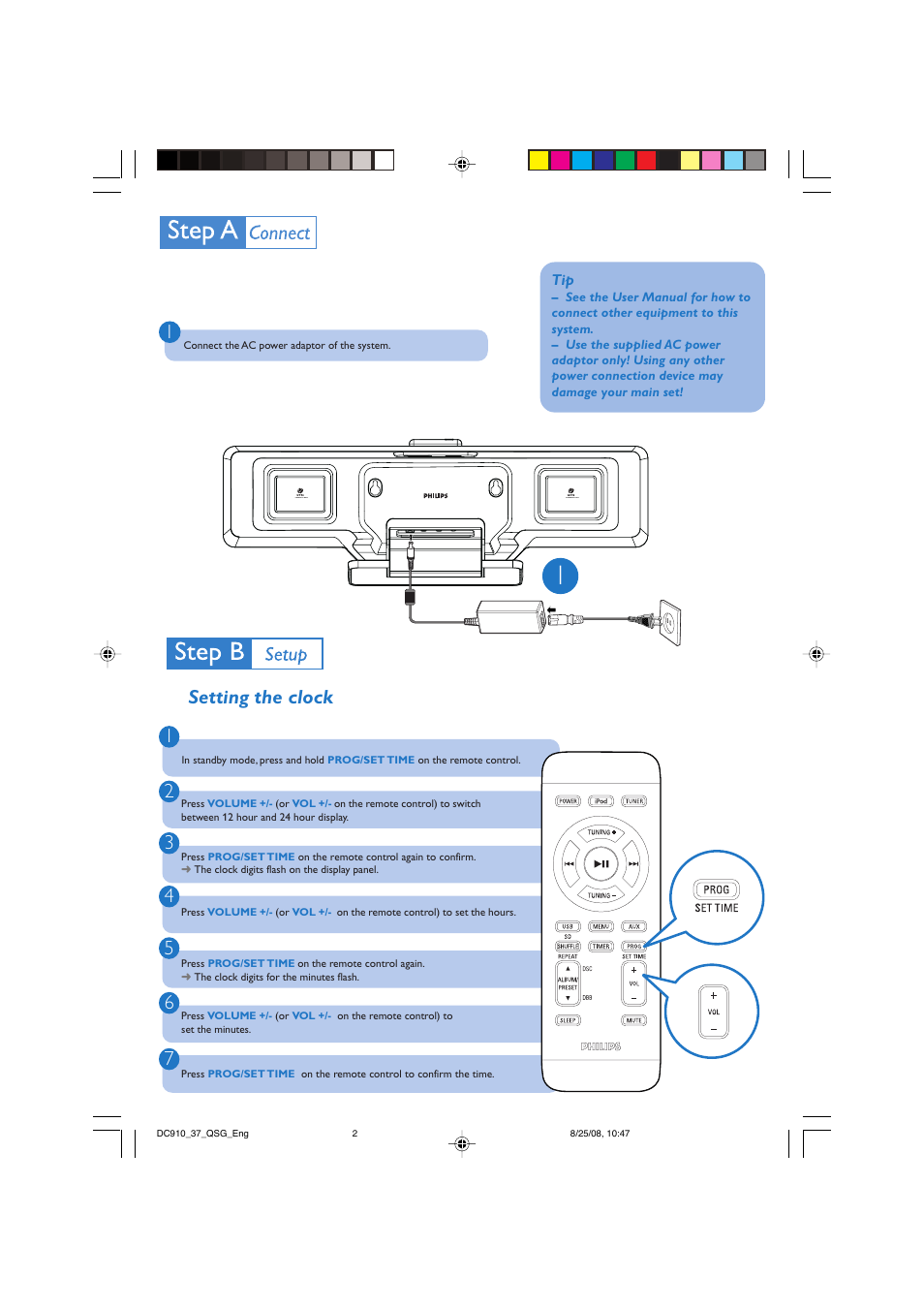 Setting the clock 1 | Philips DC910/37 User Manual | Page 2 / 4