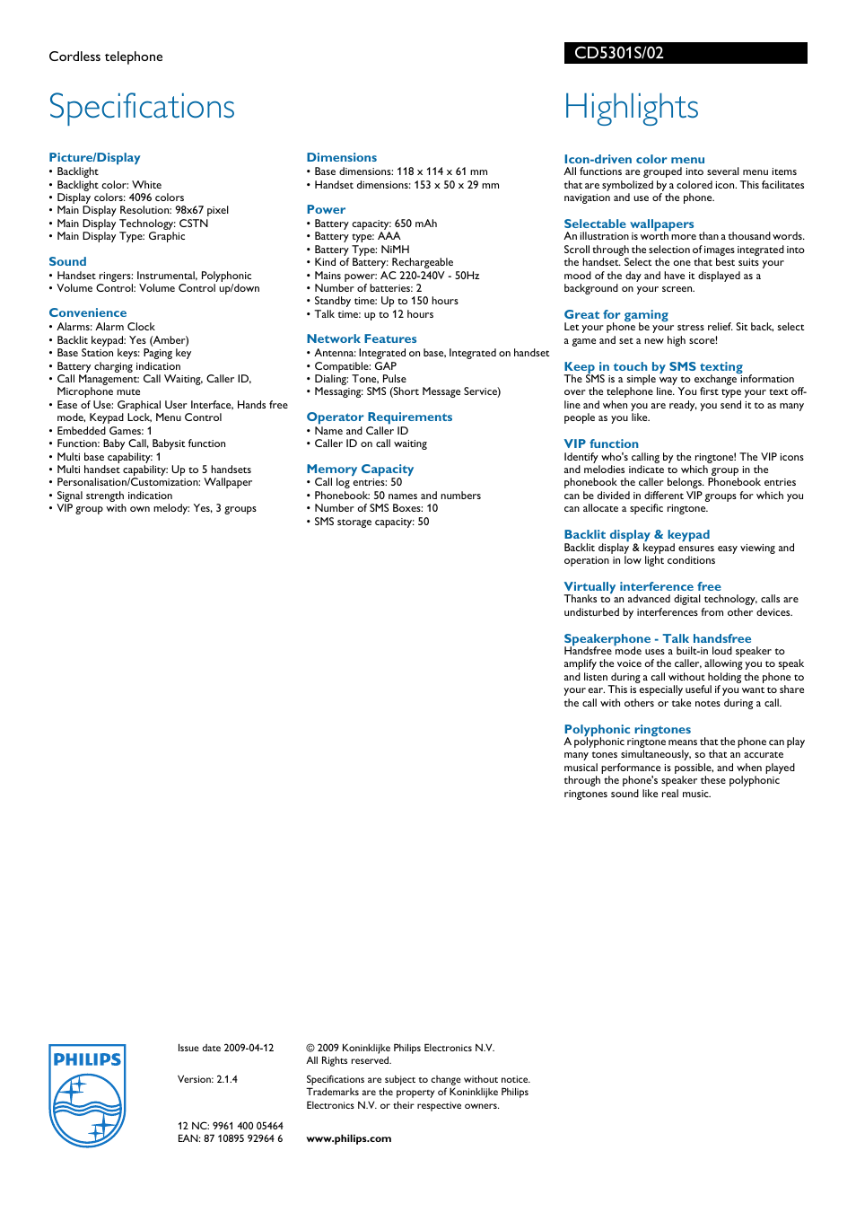 Specifications, Highlights | Philips CD5301S User Manual | Page 2 / 2