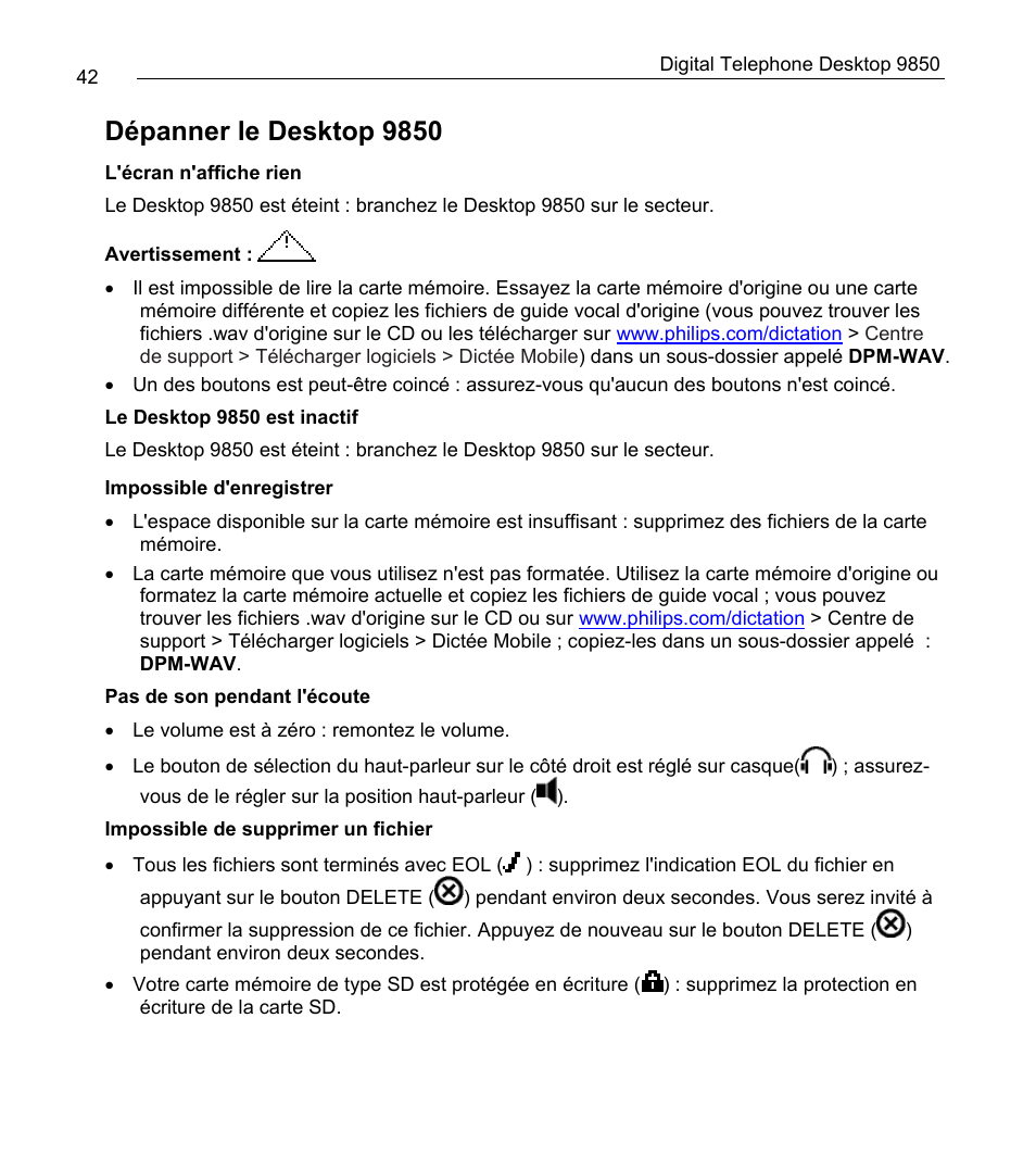 Dépanner le desktop 9850 | Philips 9850 User Manual | Page 42 / 88