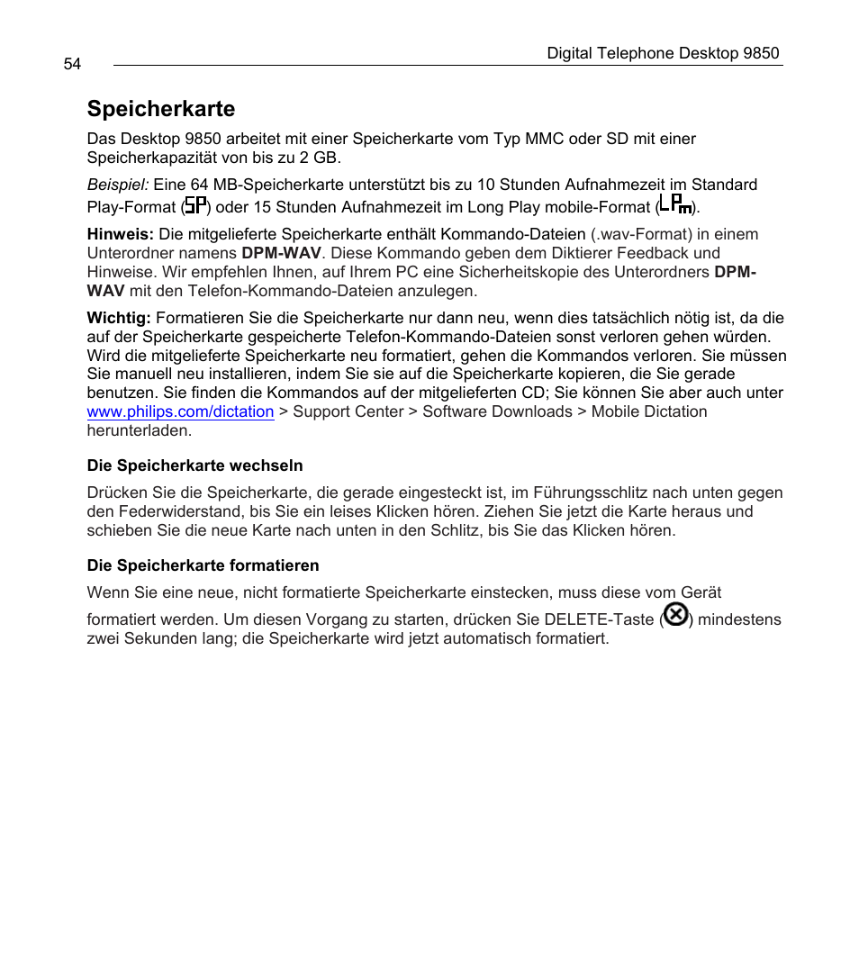 Speicherkarte | Philips 9850 User Manual | Page 54 / 88