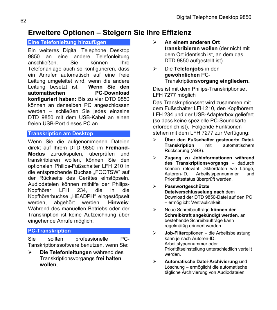 Erweitere optionen – steigern sie ihre effizienz | Philips 9850 User Manual | Page 62 / 88