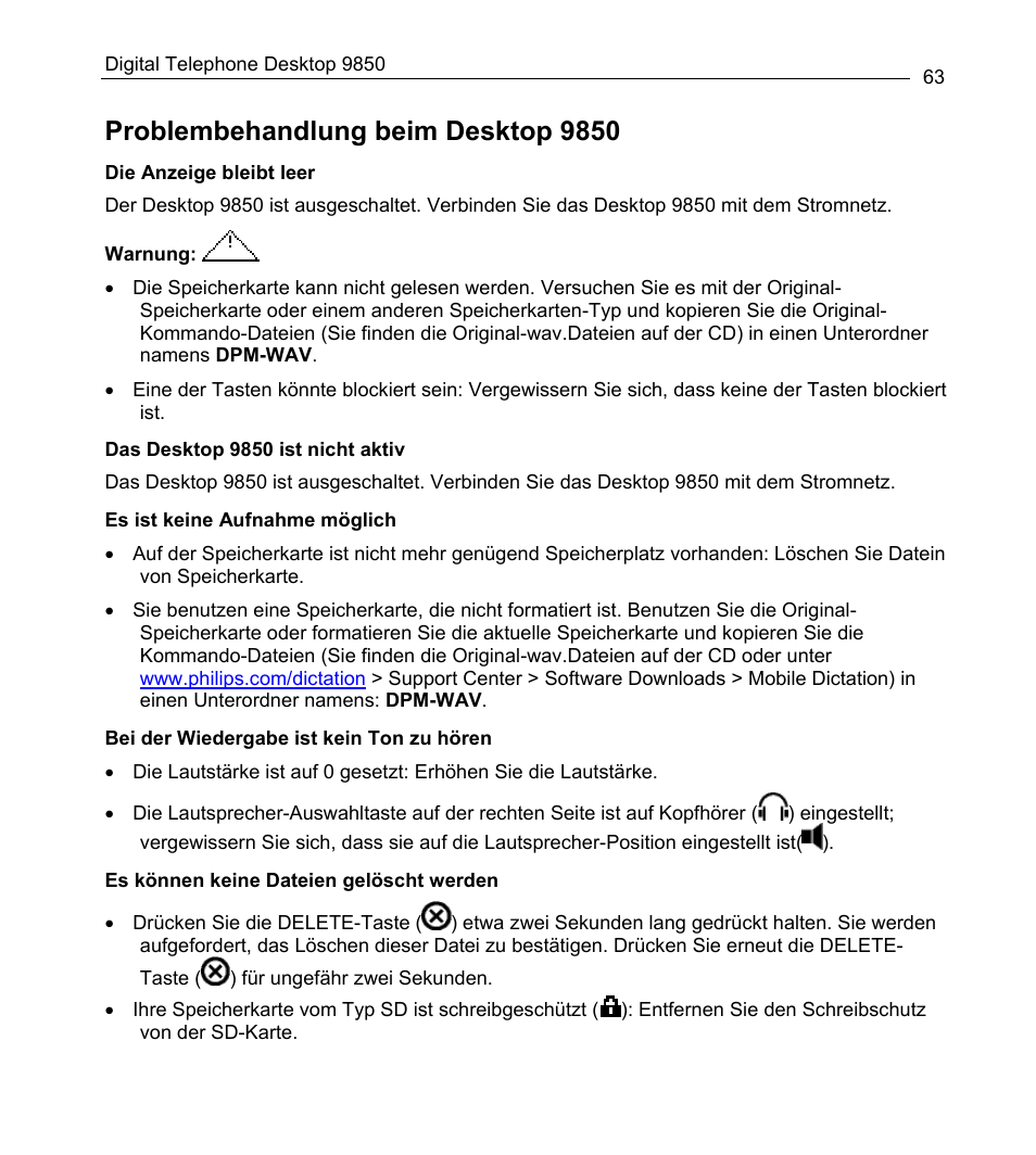 Problembehandlung beim desktop 9850 | Philips 9850 User Manual | Page 63 / 88