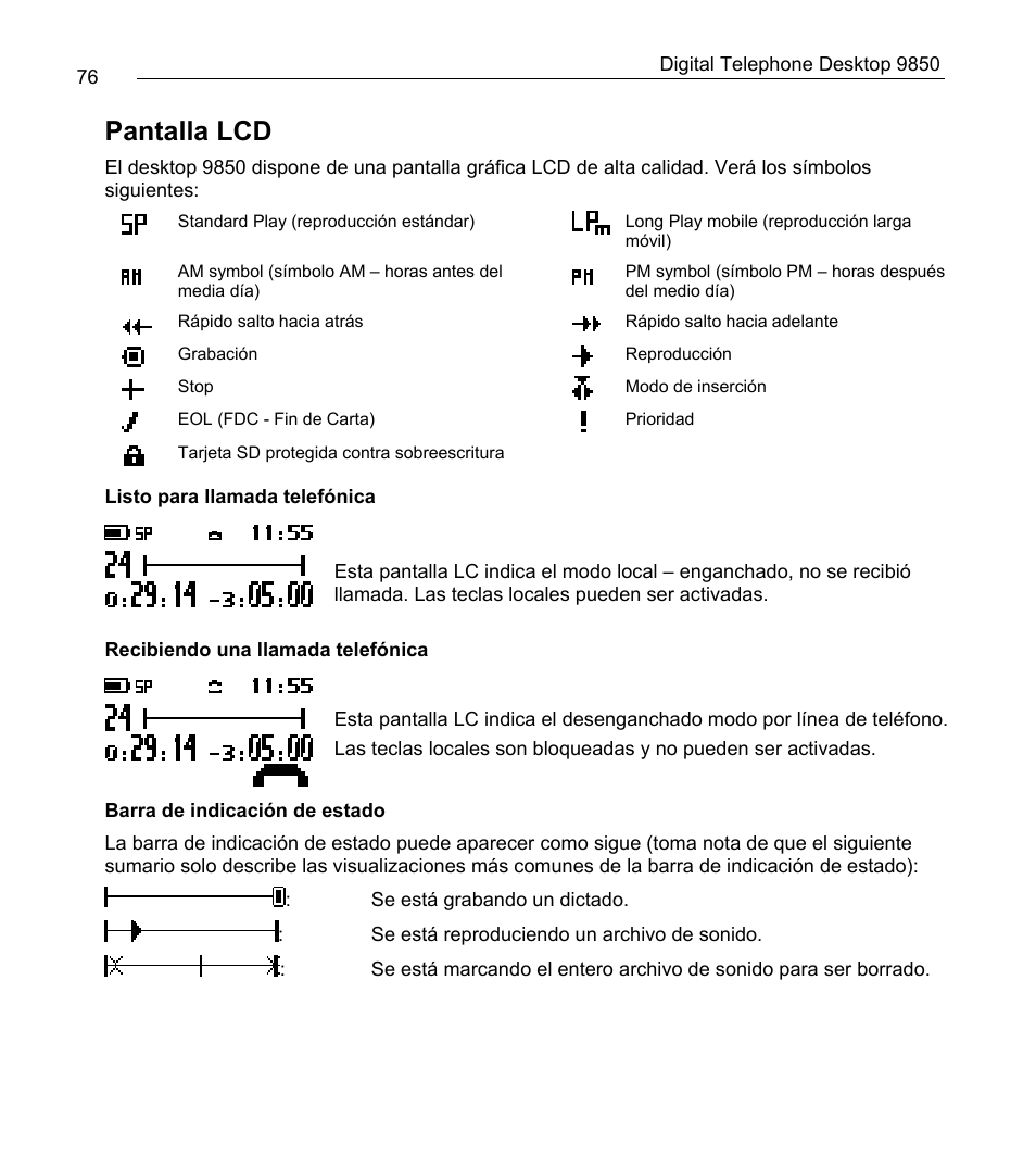 Pantalla lcd | Philips 9850 User Manual | Page 76 / 88