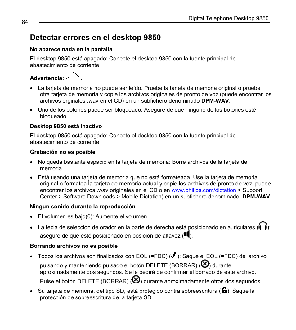 Detectar errores en el desktop 9850 | Philips 9850 User Manual | Page 84 / 88