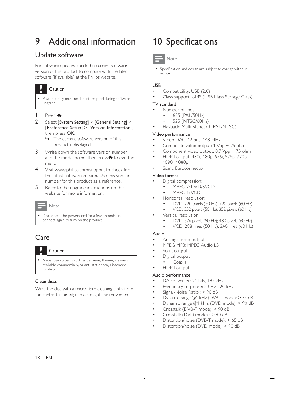6shflilfdwlrqv, Gglwlrqdolqirupdwlrq, 8sgdwhvriwzduh | Care | Philips DTP4800 User Manual | Page 18 / 34