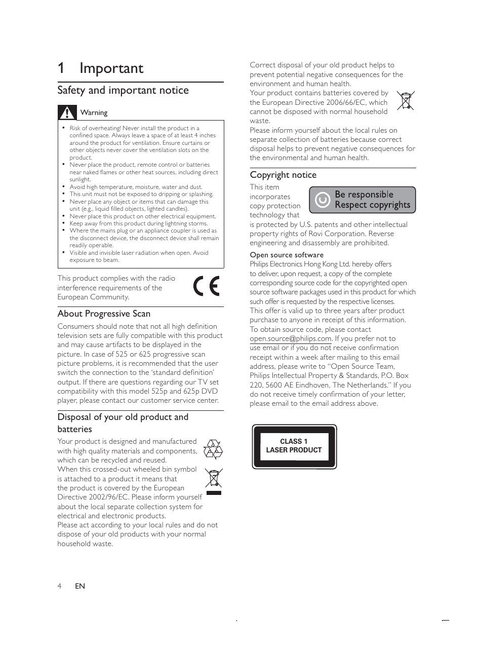 Psruwdqw, 6dihw\dqglpsruwdqwqrwlfh, Copyright notice | Erxw3urjuhvvlyh6fdq, Lvsrvdori\rxurogsurgxfwdqg batteries | Philips DTP4800 User Manual | Page 4 / 34