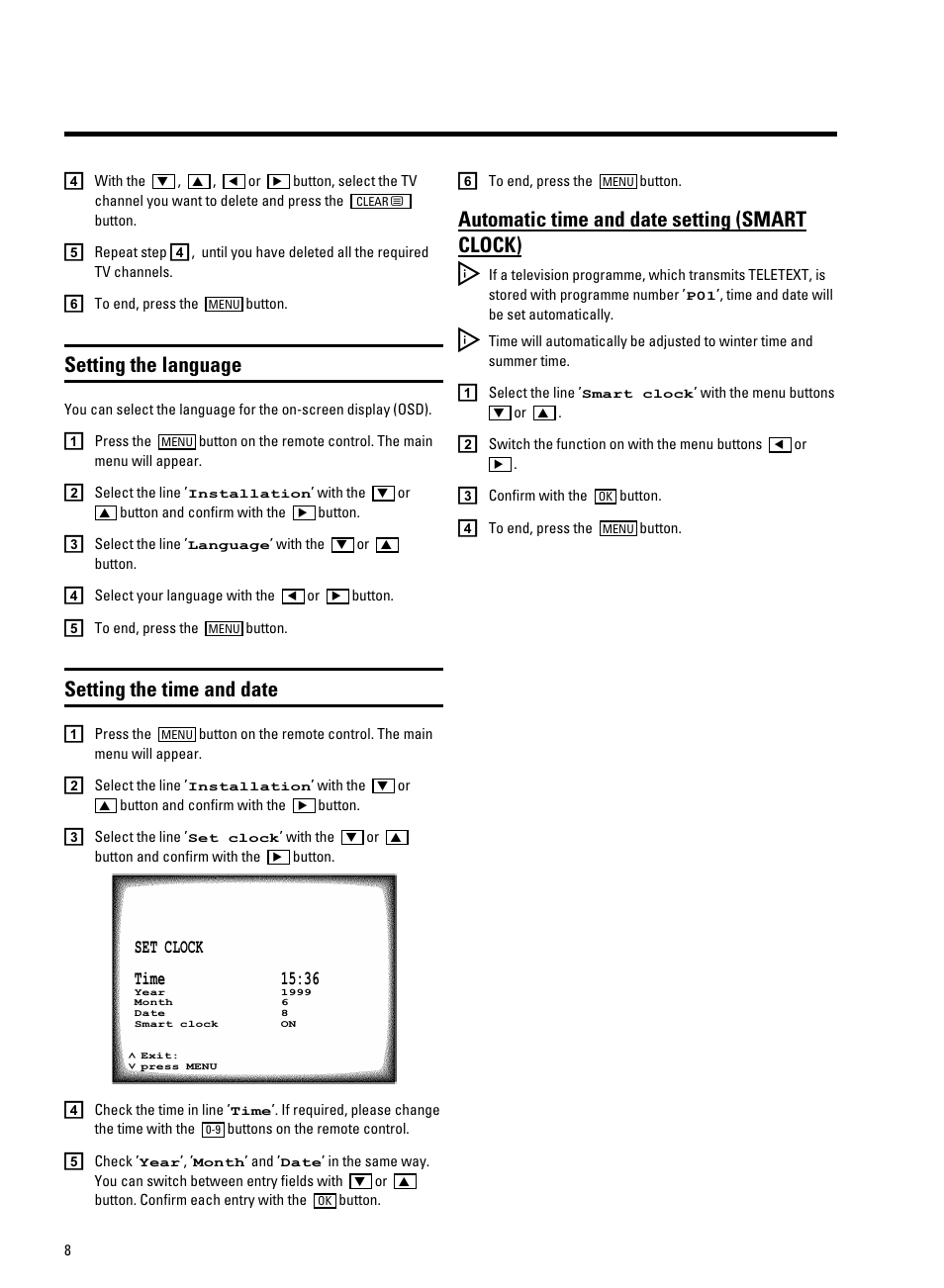 Setting the language, Setting the time and date, Automatic time and date setting (smart clock) | Philips 25PV720/07 User Manual | Page 10 / 24