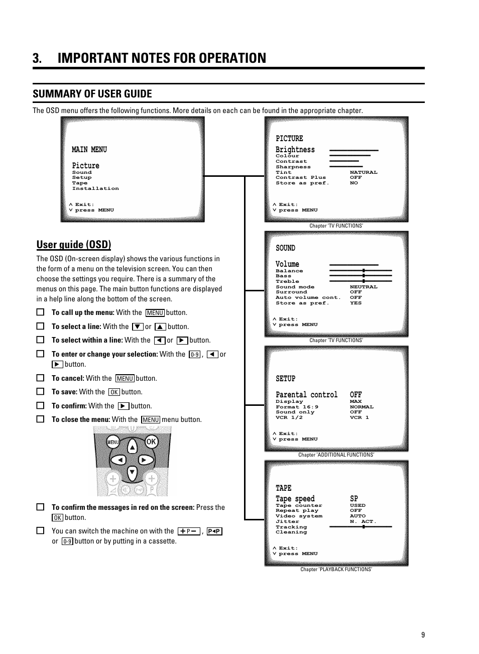 Summary of user guide, User guide (osd), Button. e to select a line: with the | Button. e to select within a line: with the, Button. e to cancel: with the, Button. e to save: with the, Button. e to confirm: with the, Button. e to close the menu: with the, Button. e you can switch the machine on with the, Button or by putting in a cassette | Philips 25PV720/07 User Manual | Page 11 / 24