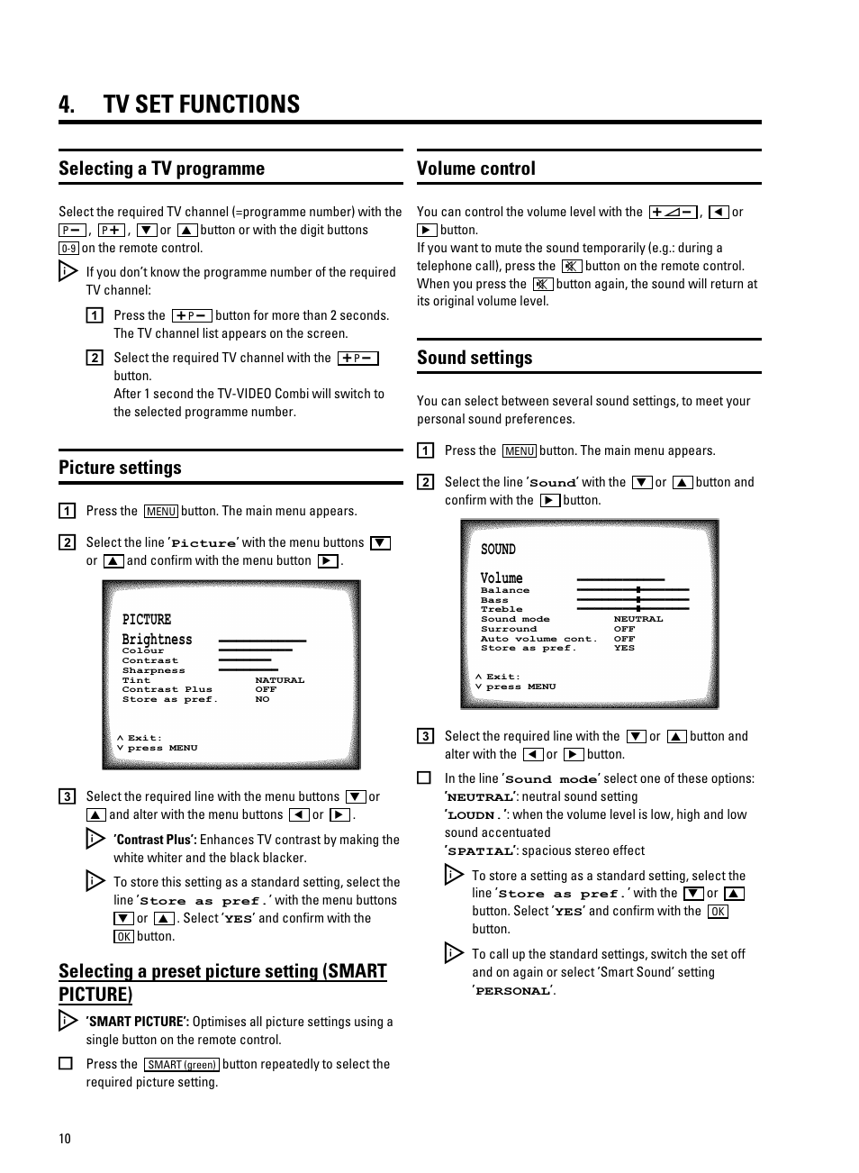 Tv set functions, Selecting a tv programme, Picture settings | Selecting a preset picture setting (smart picture), Volume control, Sound settings | Philips 25PV720/07 User Manual | Page 12 / 24