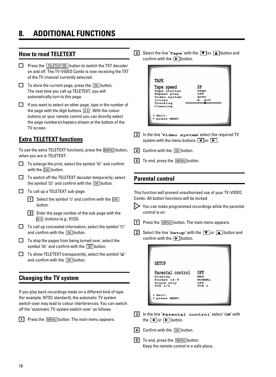 Additional functions, How to read teletext, Extra teletext functions | Changing the tv system, Parental control | Philips 25PV720/07 User Manual | Page 20 / 24