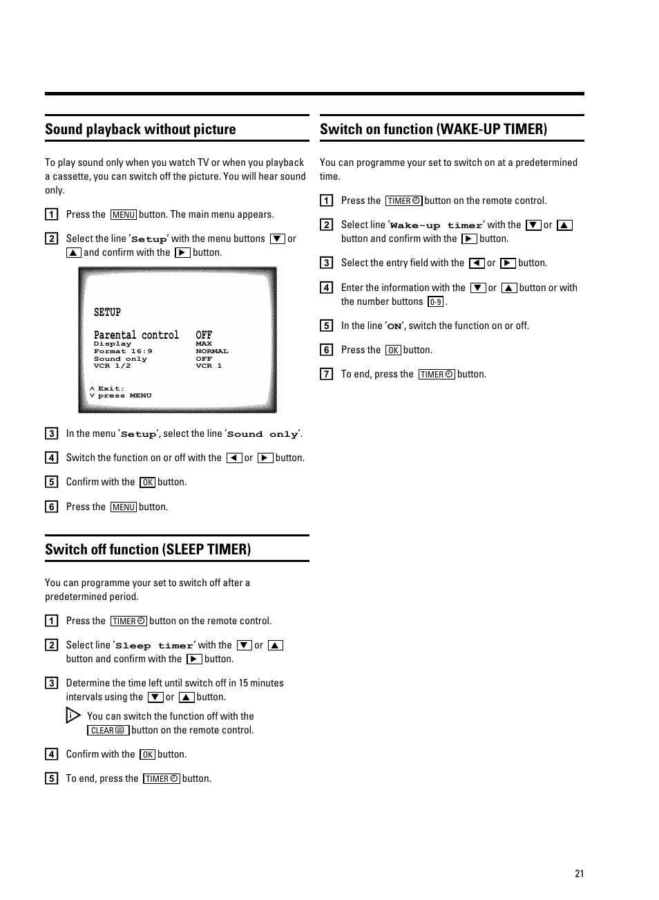 Sound playback without picture, Switch off function (sleep timer), Switch on function (wake-up timer) | Philips 25PV720/07 User Manual | Page 23 / 24