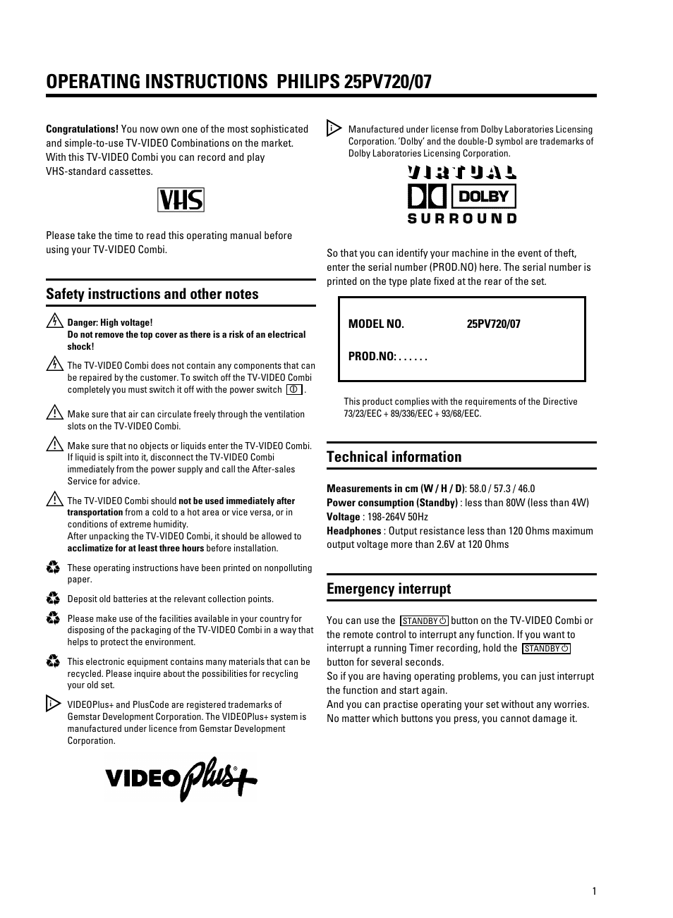 Technical information, Emergency interrupt | Philips 25PV720/07 User Manual | Page 4 / 24