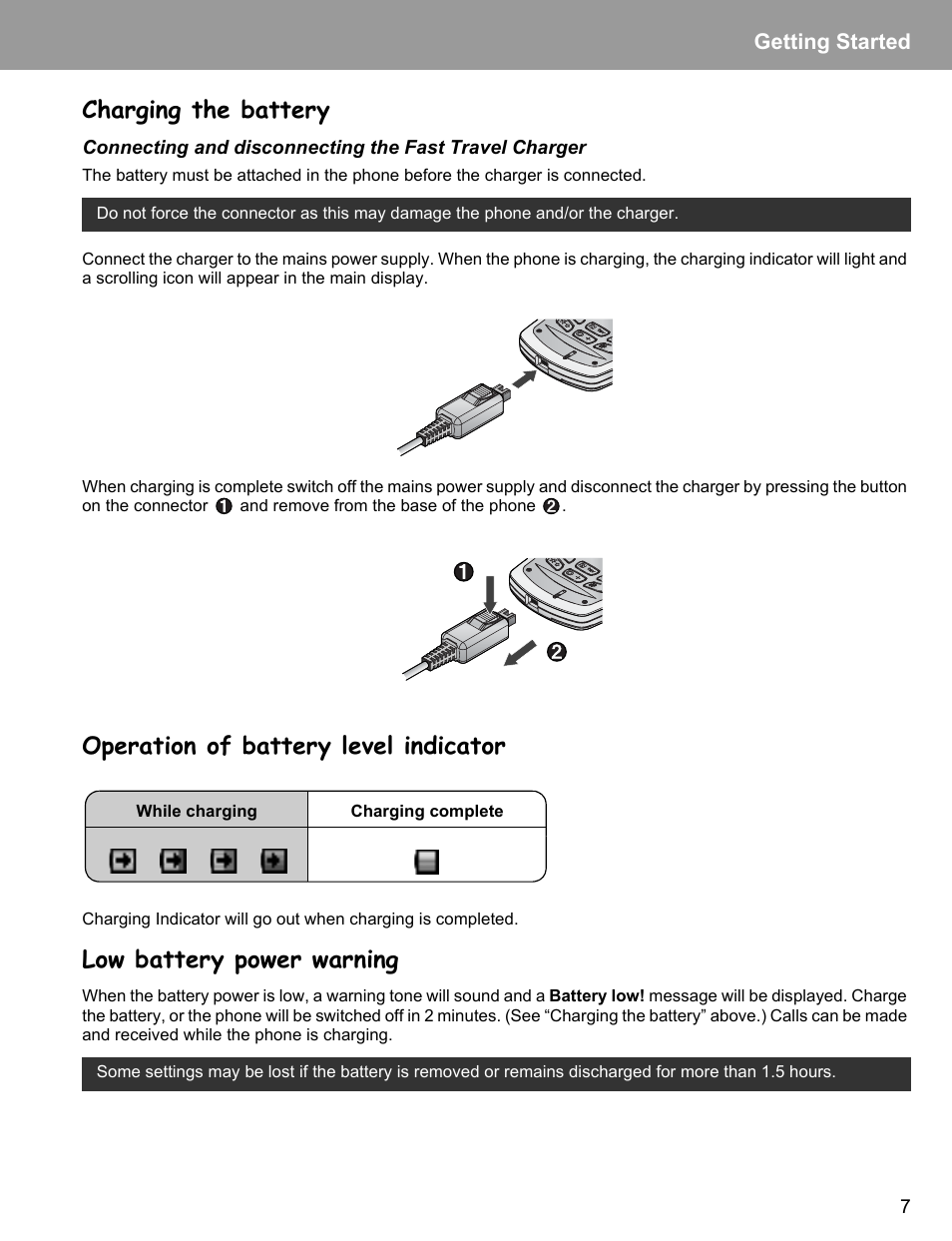 Charging the battery, Operation of battery level indicator, Low battery power warning | Philips X400 User Manual | Page 10 / 105