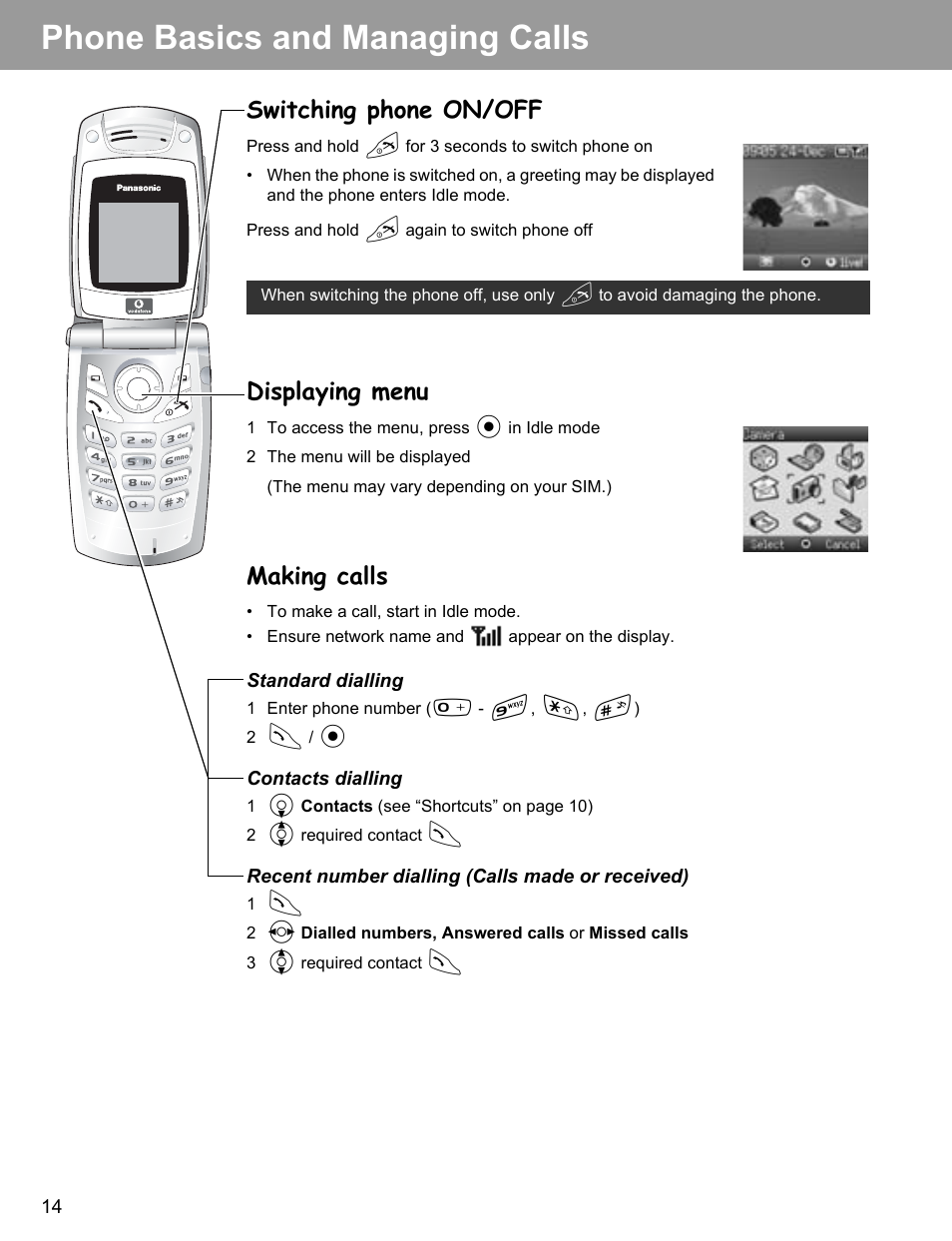 Phone basics and managing calls, Switching phone on/off, Displaying menu | Making calls | Philips X400 User Manual | Page 17 / 105