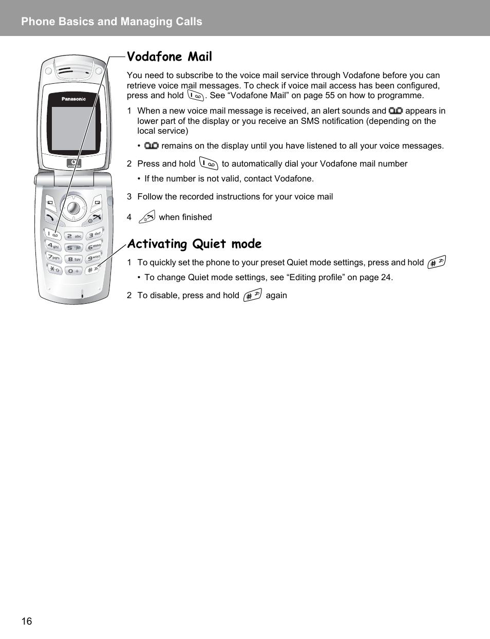 Vodafone mail, Activating quiet mode, Vodafone mail activating quiet mode | Phone basics and managing calls | Philips X400 User Manual | Page 19 / 105