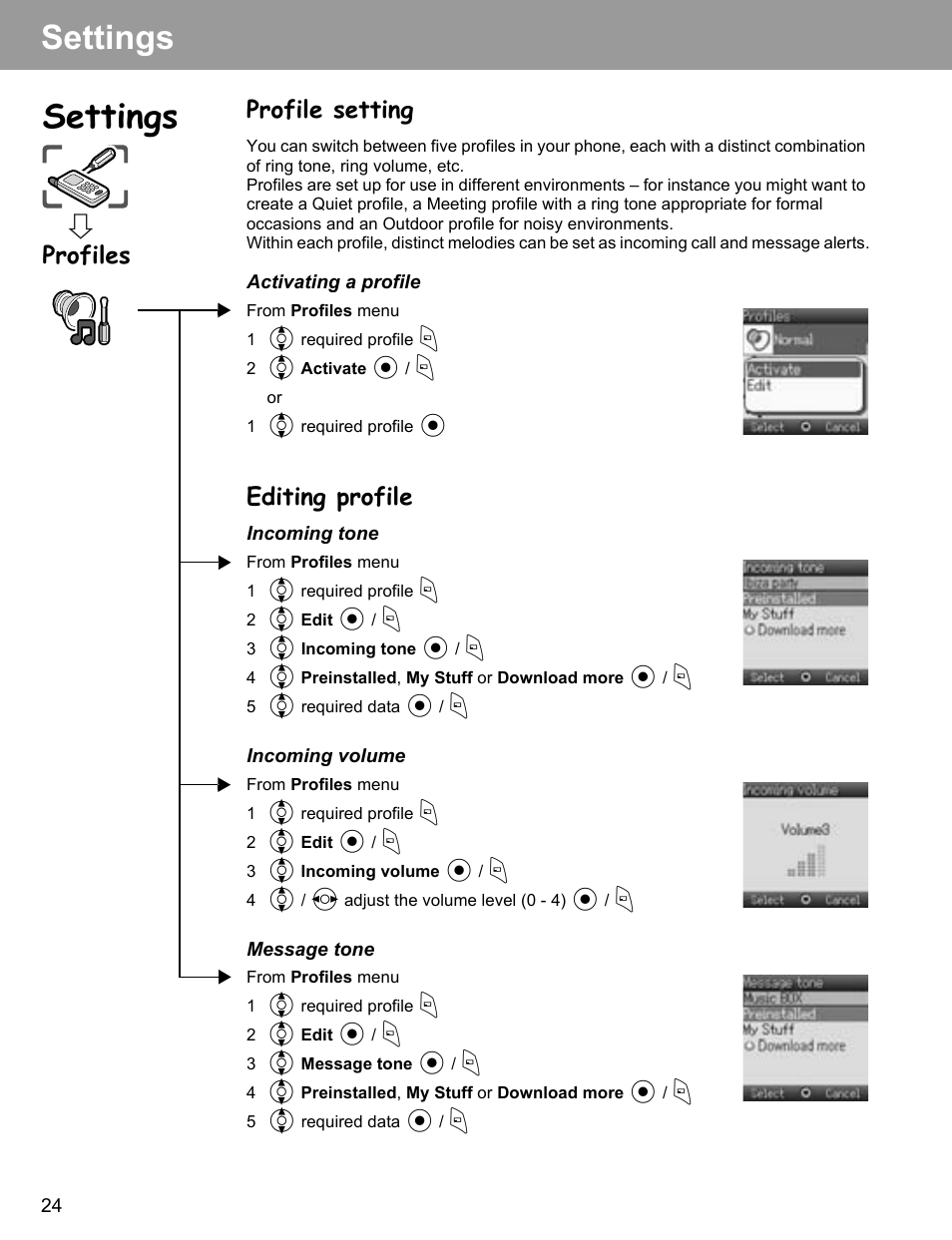 Settings, Profile setting, Editing profile | Profile setting editing profile, Profiles | Philips X400 User Manual | Page 27 / 105