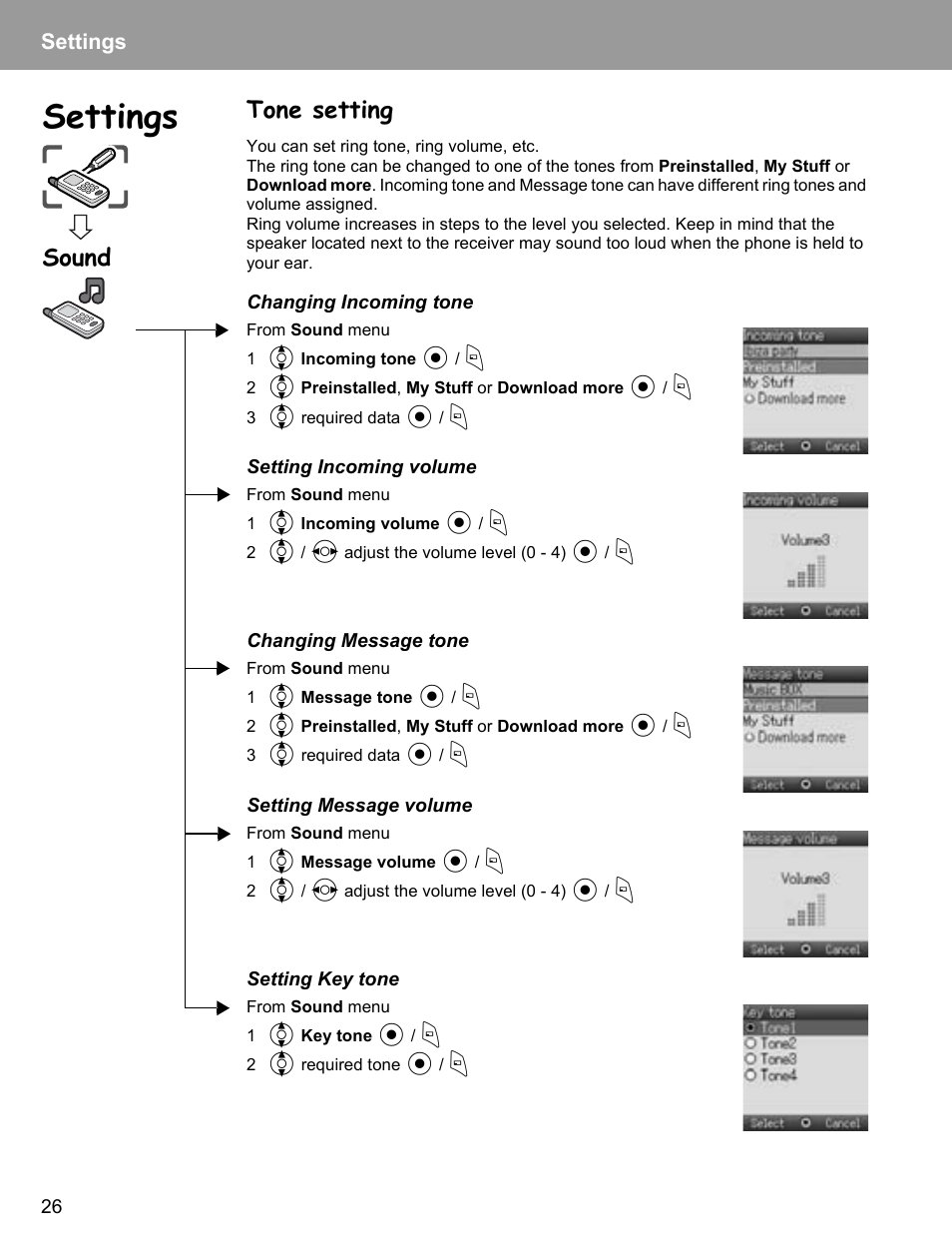 Tone setting, Sound, Settings | Philips X400 User Manual | Page 29 / 105