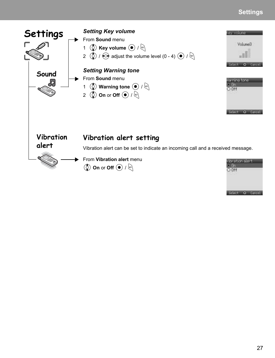 Vibration alert setting, Settings, Sound | Vibration alert | Philips X400 User Manual | Page 30 / 105