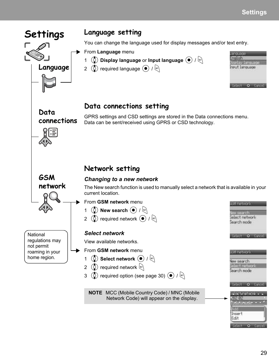 Language setting, Data connections setting, Network setting | Settings, Language, Data connections gsm network | Philips X400 User Manual | Page 32 / 105