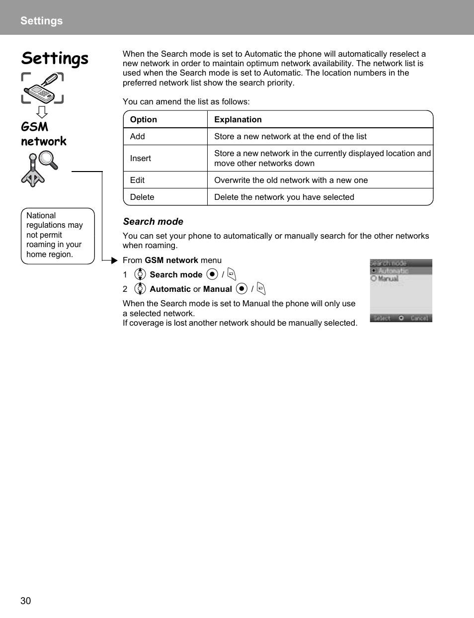 Settings, Gsm network | Philips X400 User Manual | Page 33 / 105