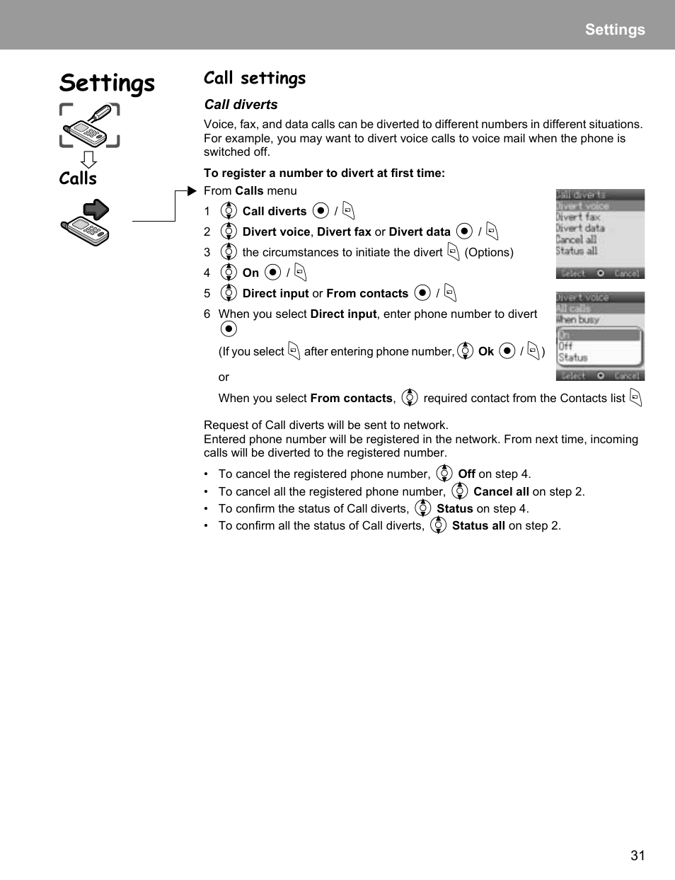 Call settings, Calls, Settings | Philips X400 User Manual | Page 34 / 105