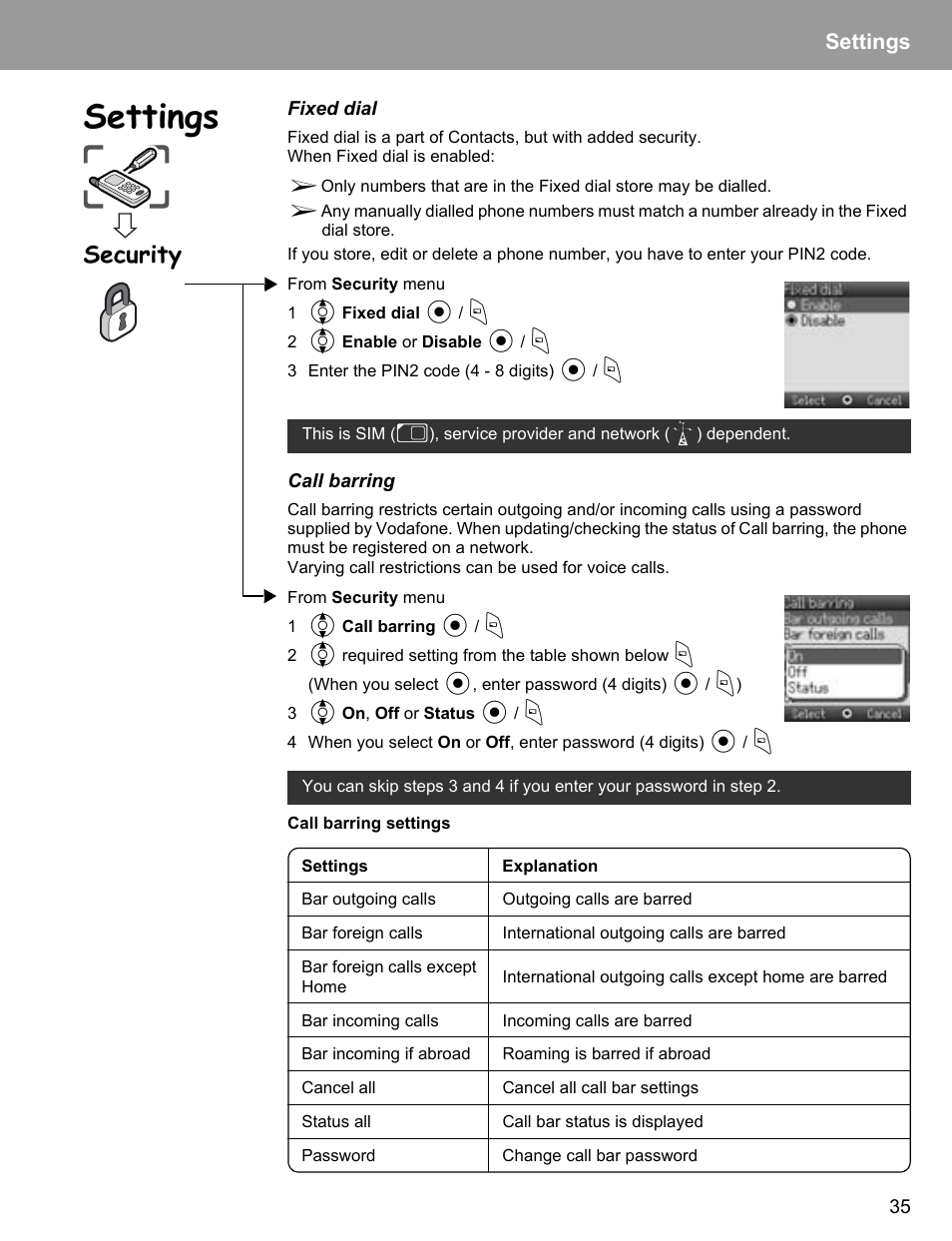 Security, Settings | Philips X400 User Manual | Page 38 / 105