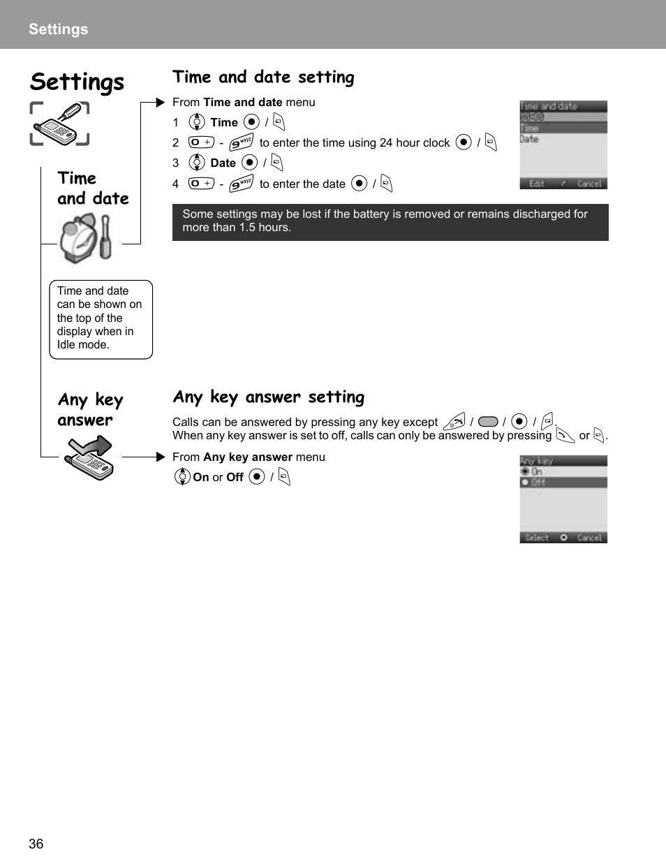 Time and date setting, Any key answer setting, Time and date setting any key answer setting | Settings, Time and date, Any key answer | Philips X400 User Manual | Page 39 / 105